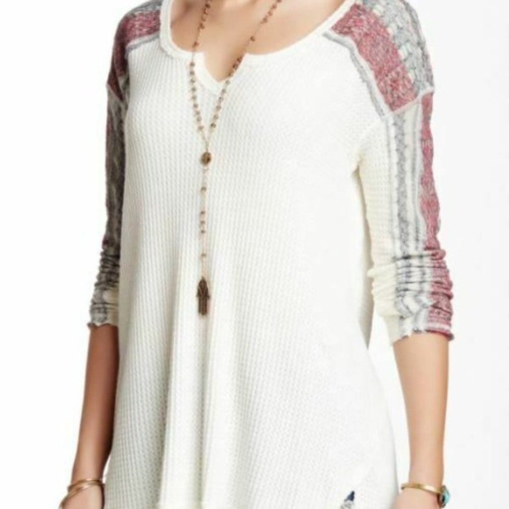 FREE PEOPLE Raw Edge Striped Thermal Long Sleeve Hi Low Tunic Top Shirt Sweater
